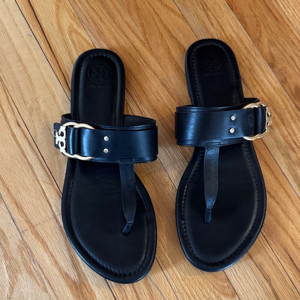 Tory Burch Black Leather Thong Sandals with Gold Buckle Accent
